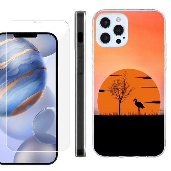 Slim Fit Protective Phone Case for Apple iPhone 12 / iPhone 12 Pro, with Tempered Glass Screen Protector, by OneToughShield ® - Sunset Flamingo