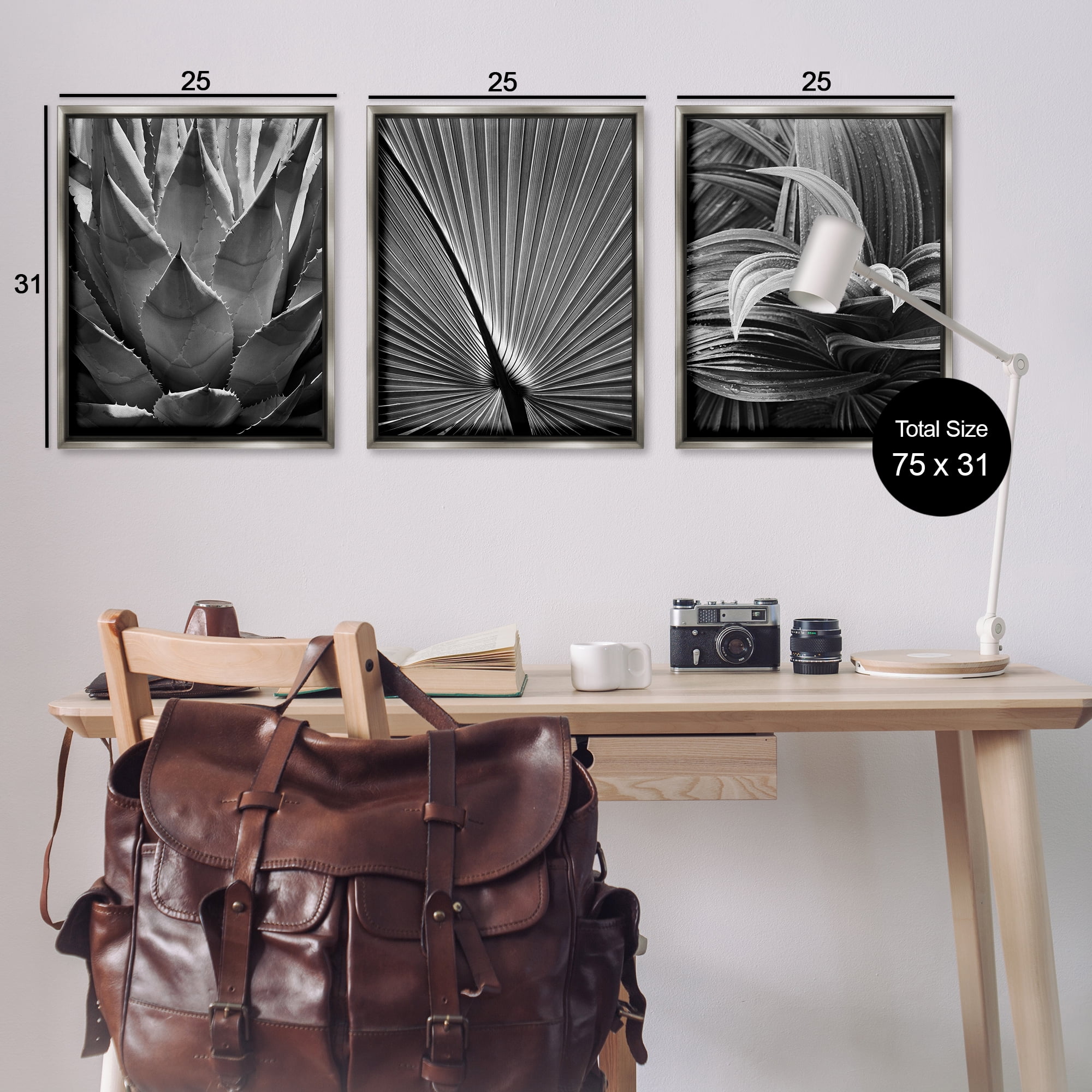 Stupell Industries Palm Frond Details Plants & Flowers Photography Gray Floater Framed Canvas Art Print Wall Art, 25 x 31, Set of 3