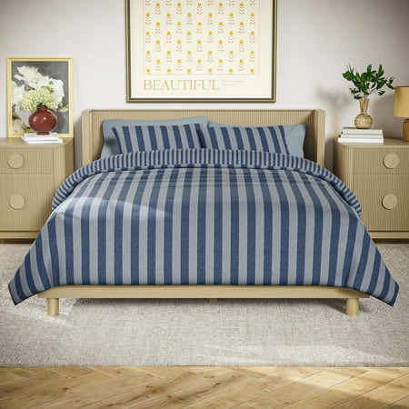 Beautiful 100% Cotton Striped 3-Piece Starry Night Blue Comforter Set, King by Drew Barrymore