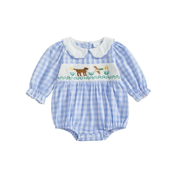 Rovasas Baby Girls Rompers Dog Wild Goose Embroidered Plaid Bodysuits