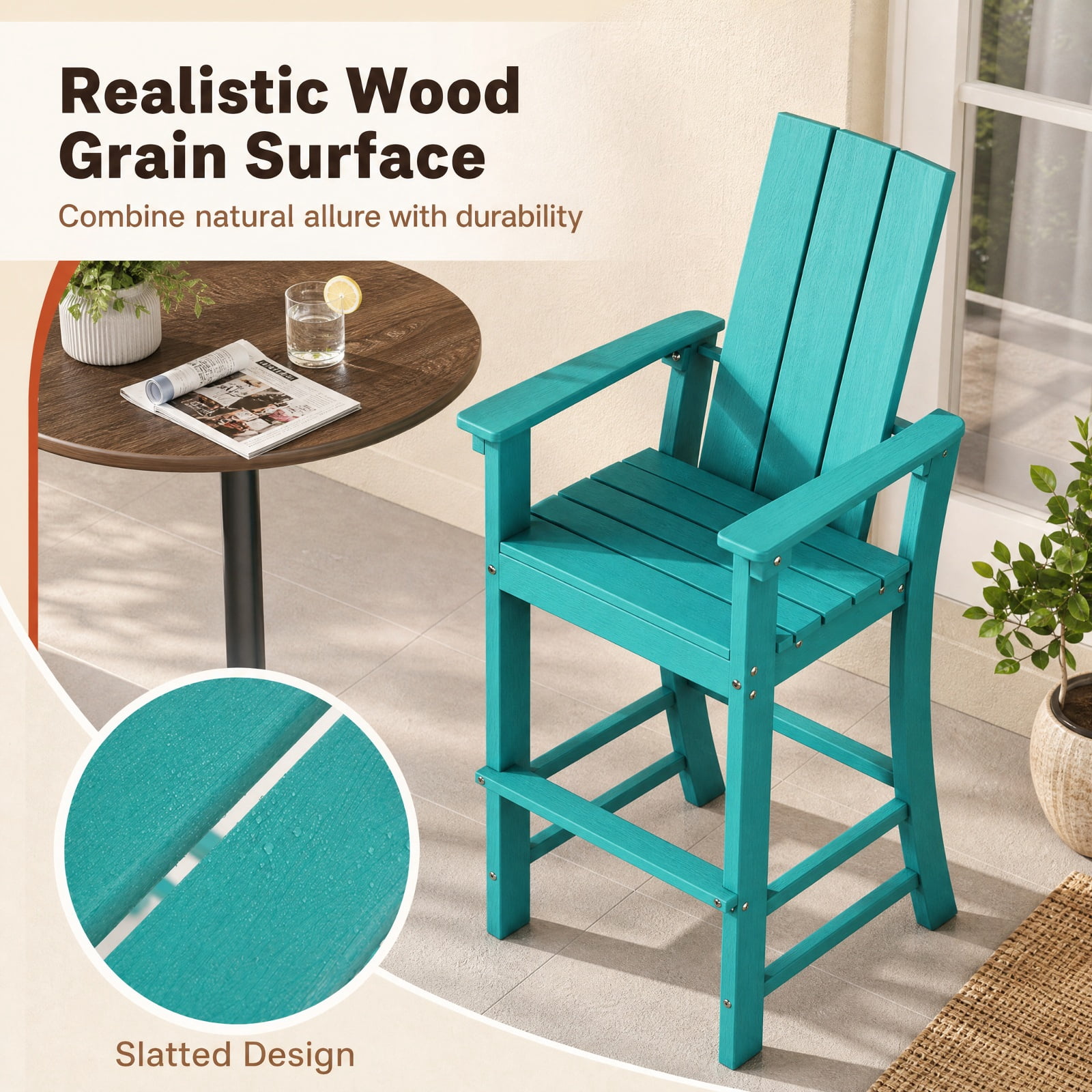 Furnibear Tall Outdoor Bar Stool Adirondack Chair with Ergonomic Backrest and Footrest for Backyard Patio Deck, Turquoise