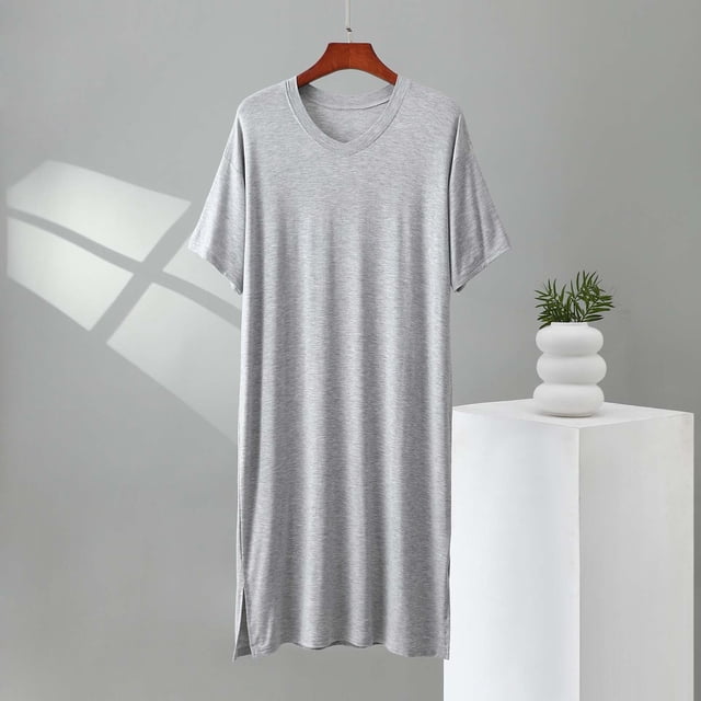Men's Solid Color V-Neck Short Sleeve Nightgown Robe with Lace Trim and Belt for Home Wear