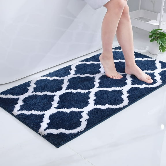 Buganda Microfiber Bathroom Rugs and Mats, Extra Soft and Absorbent Shaggy Bath Mats, Non-Slip Moroccan Trellis Bath Carpets, 24" x 47", Navy Blue