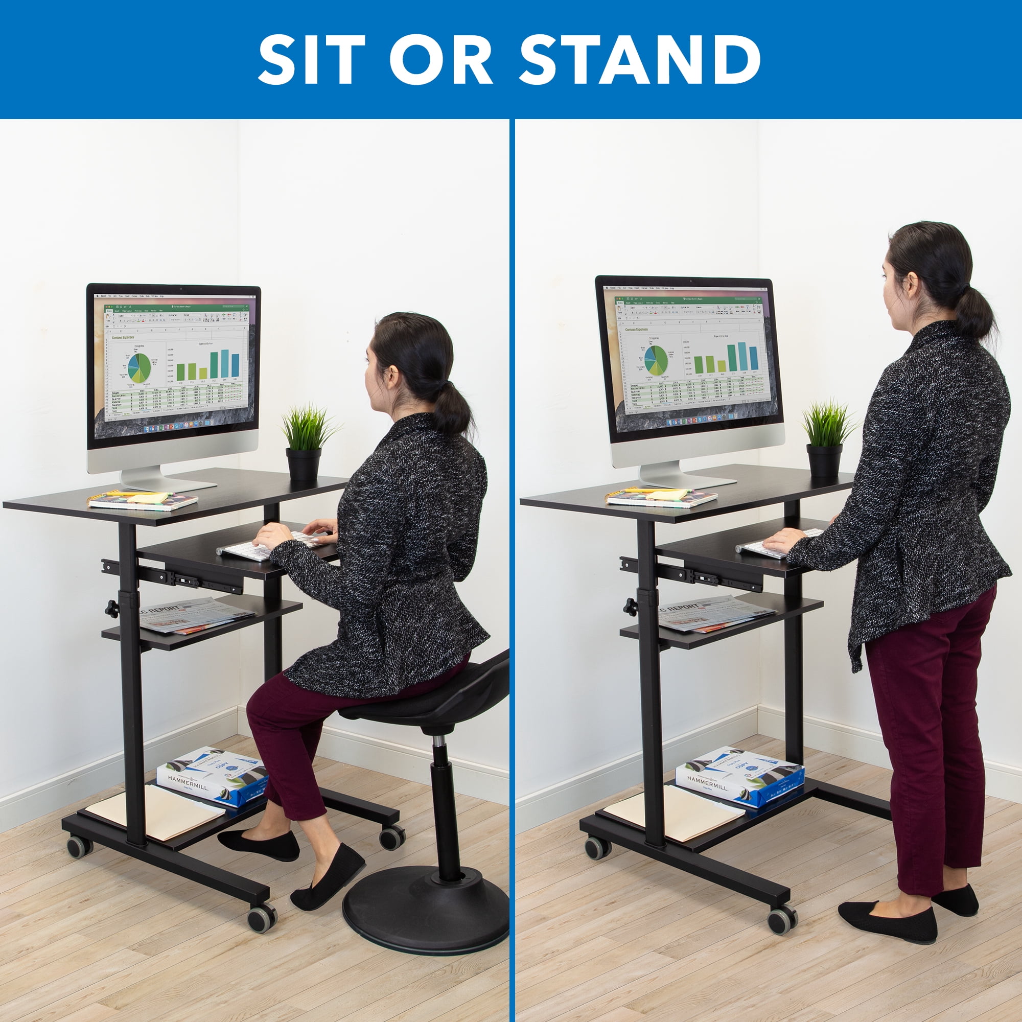 Mount-It! Mobile Standing Desk with Retractable Keyboard | Sit Stand Computer Cart