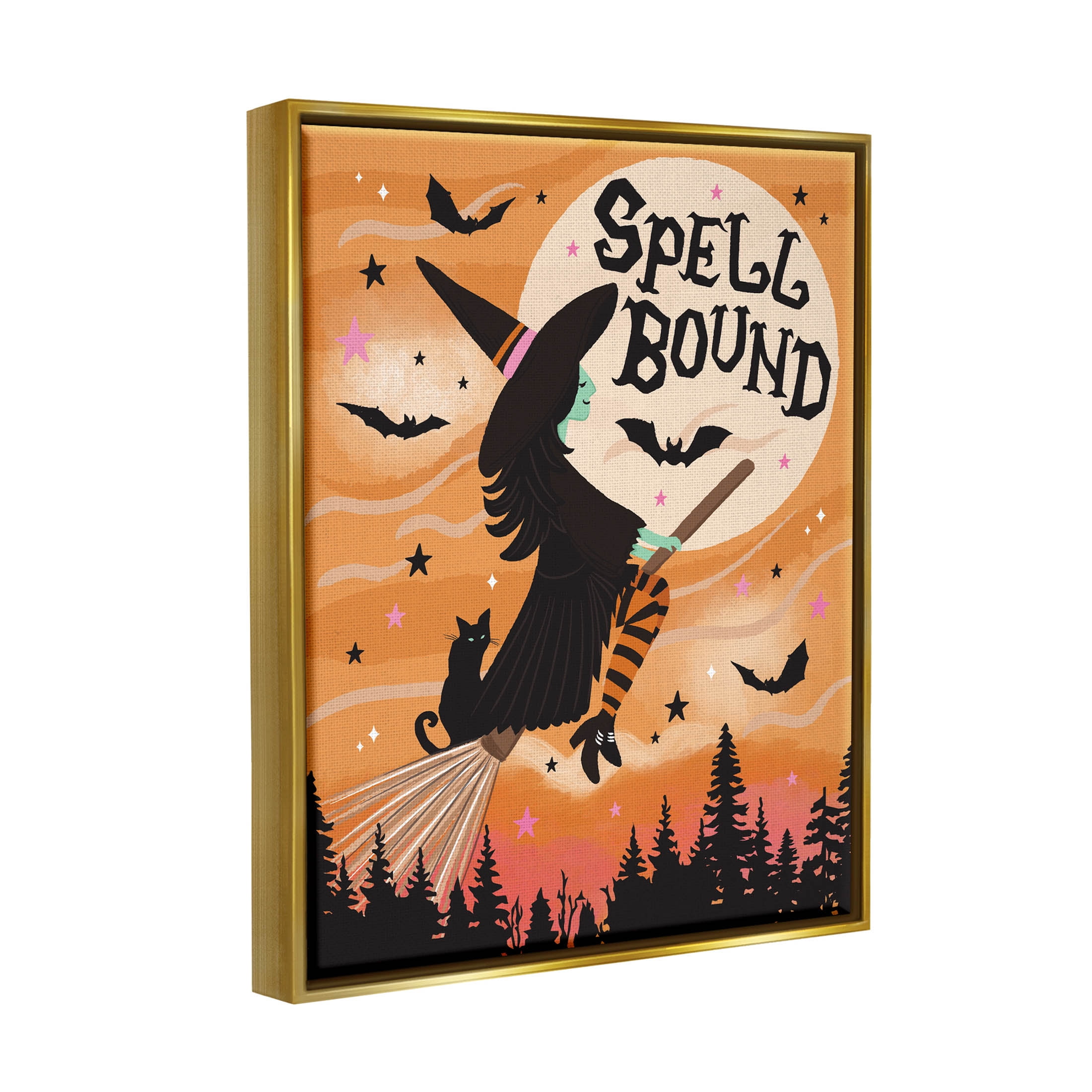Spell Bound Witch Flying Moonlit Sky Holiday Graphic Art Metallic Gold Framed Art Print Wall Art