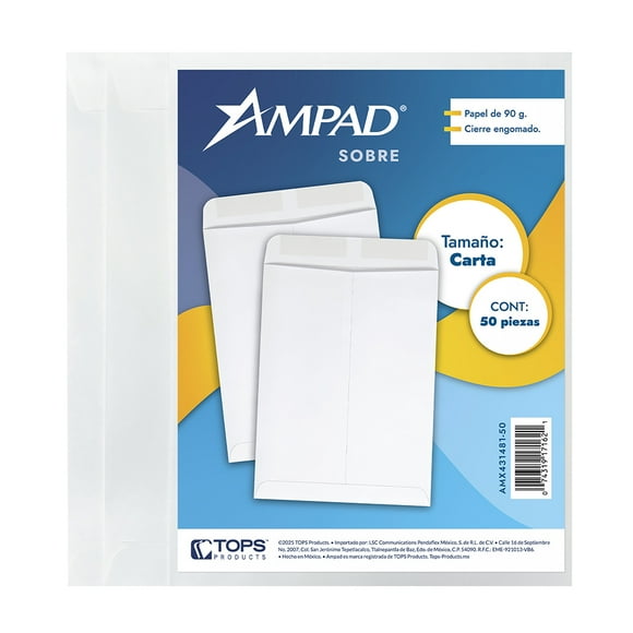 Sobres AMPAD, Tamaño Carta, Color Blanco Con Cierre Engomado, Vertical Con 100 Pzs.