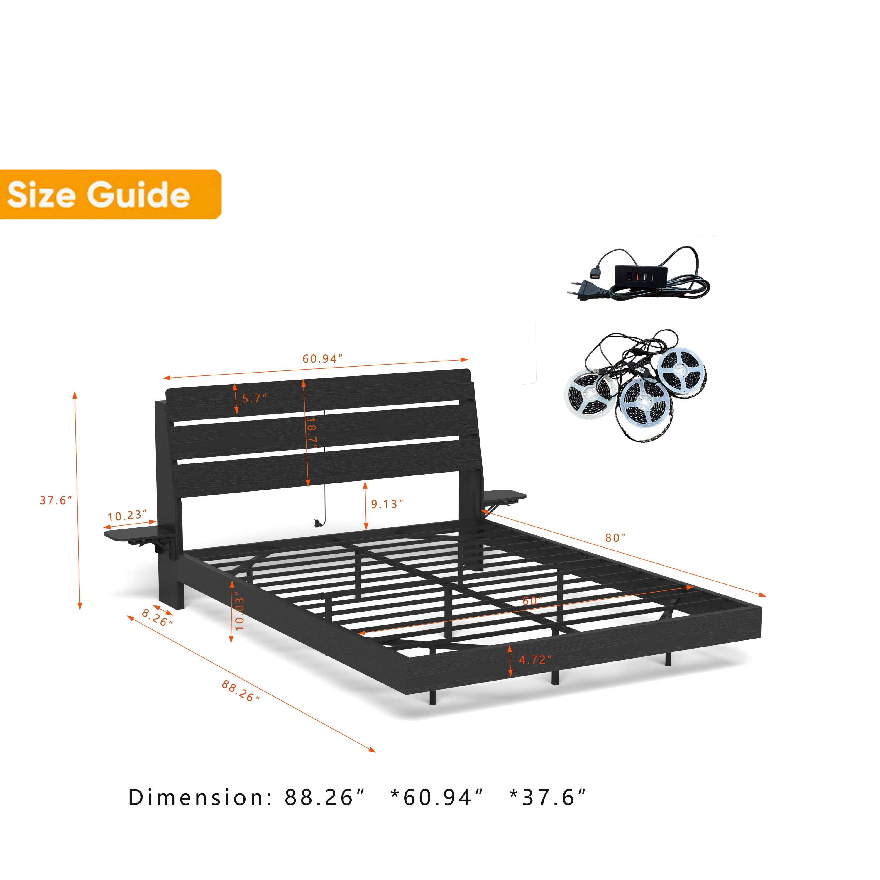 Miniyam Queen Floating Bed Frame with RGB LED Lights, Storage Headboard & USB Charging Station, Black