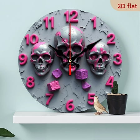 A wall-mounted clock featuring a theme of a pinkish skeleton. The grizzled background is complemented by a pale silver skeleton and dice. It exudes a cool and distinctive vibe in the dark trend.
