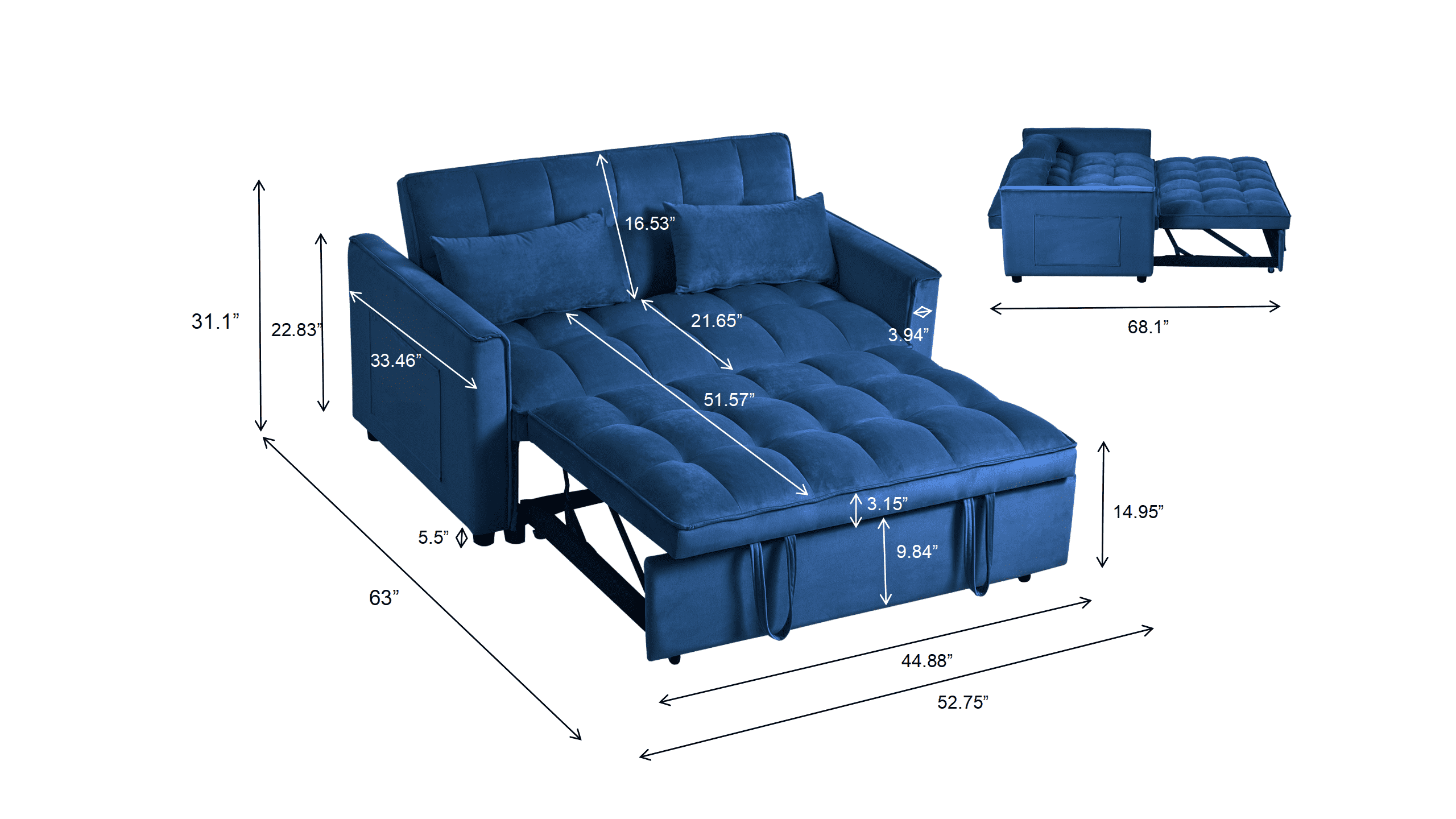 Gewnee 3-in-1 Convertible Futon Sofa Bed – 52.75" Velvet Pull-out Sofa Bed with Reclining Backrest,Side Pockets & 2 Toss Pillows – for Living Room,Apartment,Dorm(Navy Blue）