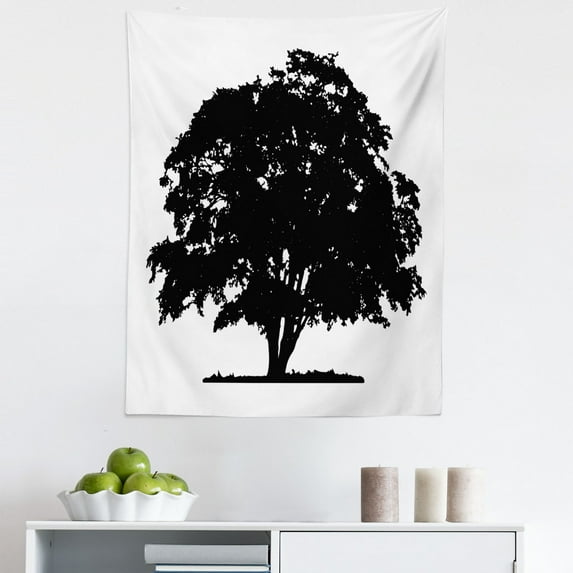 Oak Tree Tapestry, Monochrome Silhouette Look Branches Spring Bloom on Plain Background, Fabric Wall Hanging Decor for Bedroom Living Room Dorm, 5 Sizes, Charcoal Grey and White, by Ambesonne