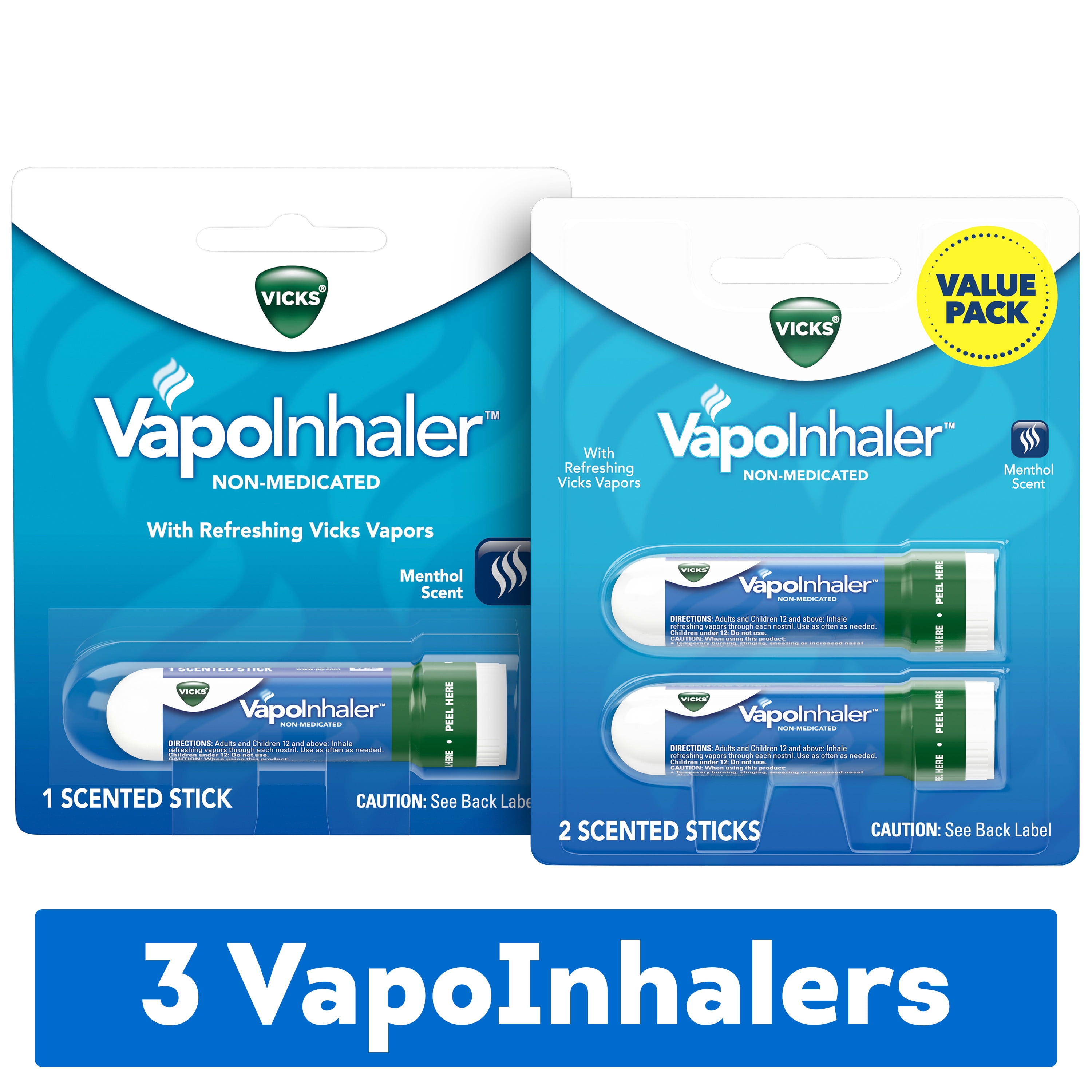 Vicks VapoInhaler, On-the-Go Portable Nasal Inhaler, Non-Medicated, With Refreshing Vicks Vapors, Menthol Scent , 3 Scented Sticks