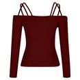 thumbnail image 5 of XFLWAM Women Spaghetti Straps Long Sleeve Ribbed Knit Top Off Shoulder V Neck Shirt Cold Shoulder Solid Color Slim Blouse Wine Red M, 5 of 6