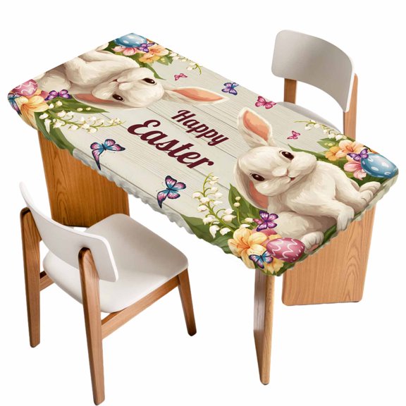 Happy Easter Table Cloths for 3 Foot Rectangle Tables, Bunny Eggs Spring Flowers Butterfly Wooden Grain Patio Waterproof Elastic Fitted Tablecloths, Washable Rectangular Table Cover for Camping