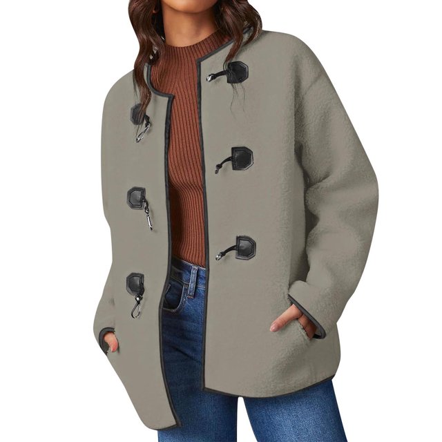 Abrigos y chaquetas casuales de manga larga sin capucha para mujer, abrigos de imitación de invierno lisos, chaqueta de polar con bolsillos y cuello redondo, abrigo informal de moda para mujer