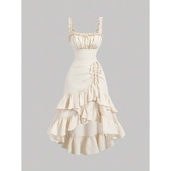Apricot Vintage-Inspired Ruffle Layered Midi Dress With Adjustable Straps And Side Tie Waist