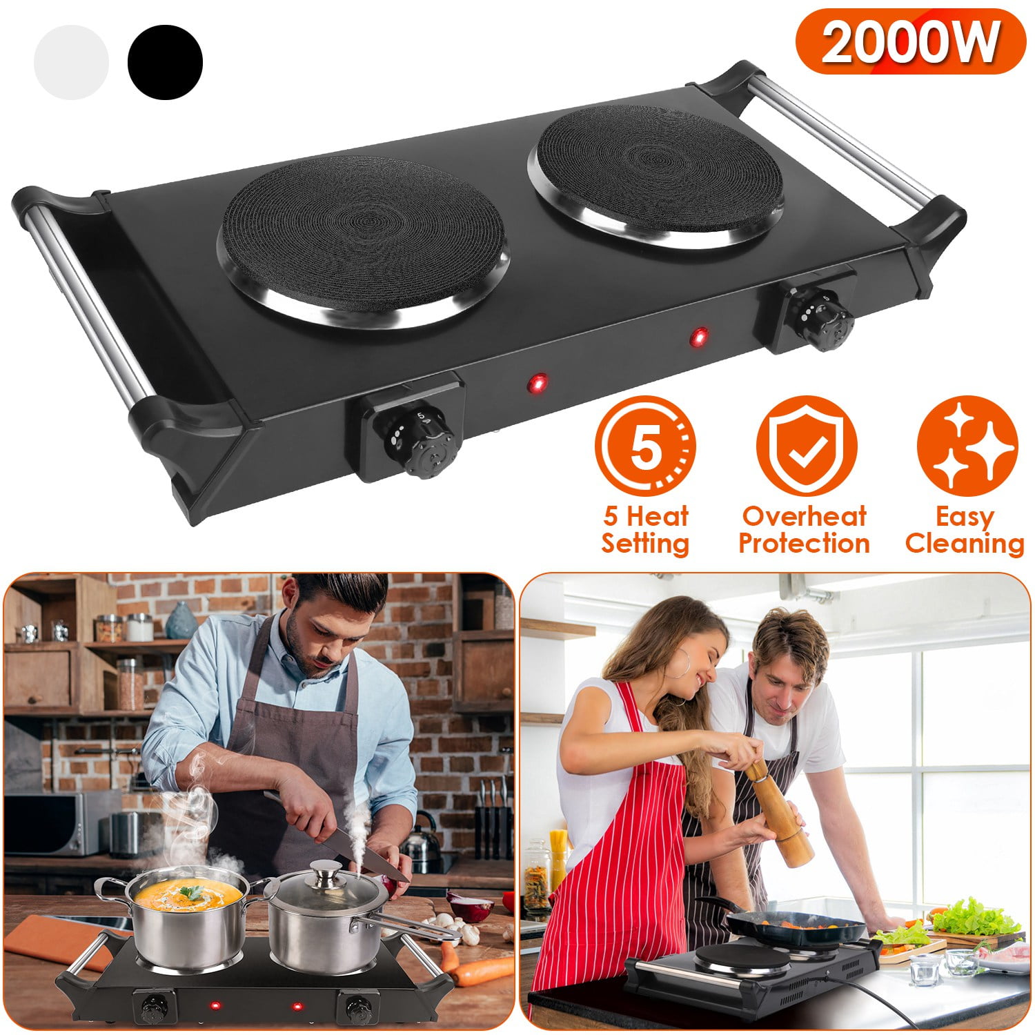 Moclever Electric Stove 2000W Dual Burner Portable Coil Heating Hot Plate Stove with 5 Temperature Adjustments, Black