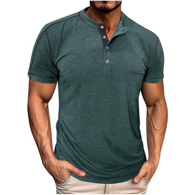 Aqestyerly Men'S Long Sleeve Solid Color T-Shirt,Pullover Style,Round Neck,Button-Up Design,Comfortable and Stylish