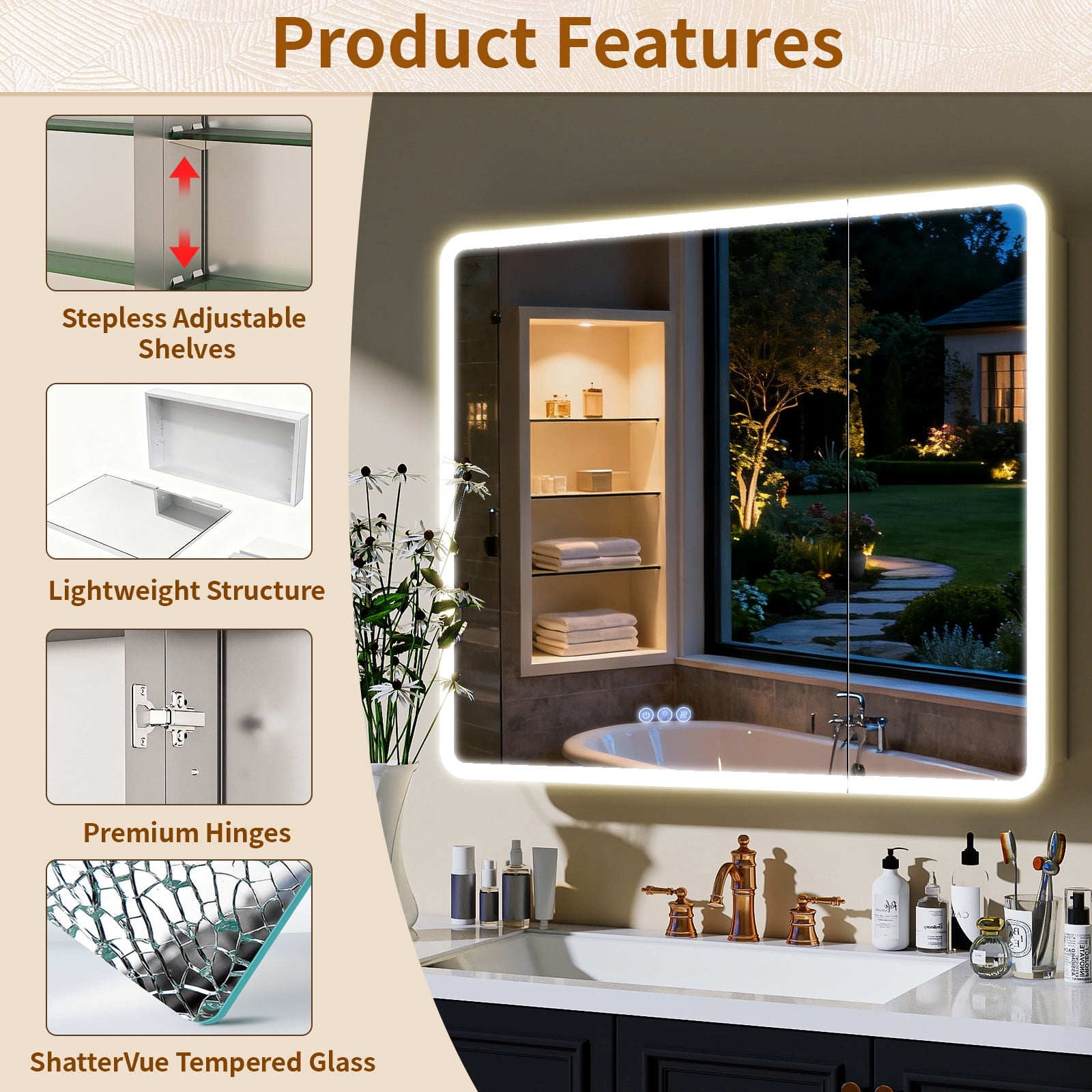 BEAUTYPEAK 36" x 32" Bathroom LED Mirror Medicine Cabinet with Storage Adjustable 3 Color Temperature