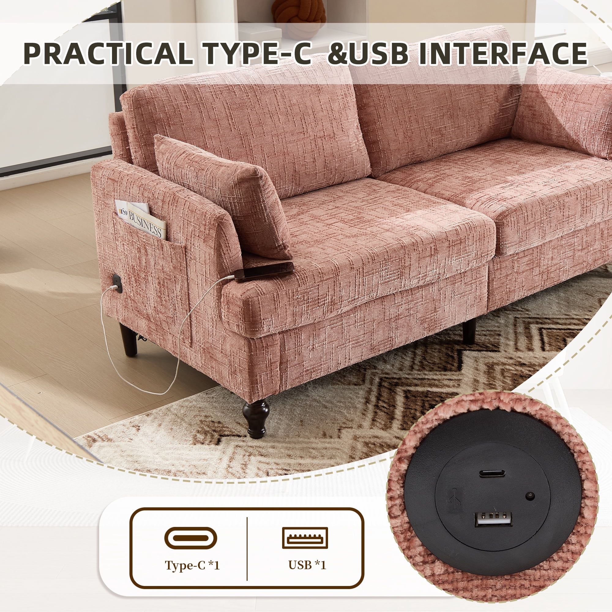 MOONMISS Chenille Upholstered Mid Century Modern Wood Frame Loveseats Sofa with LED light,USB and Side Pocket-Pink