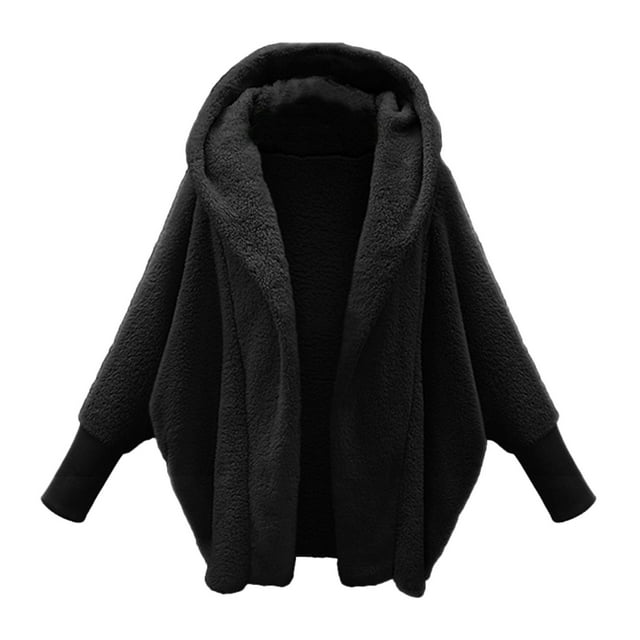 WEIYLL Fleece Jacket Women Long Sleeve Solid Color Fuzzy Open Front Hooded Cardigans Pocket Black Going Out Fall Tops Size M
