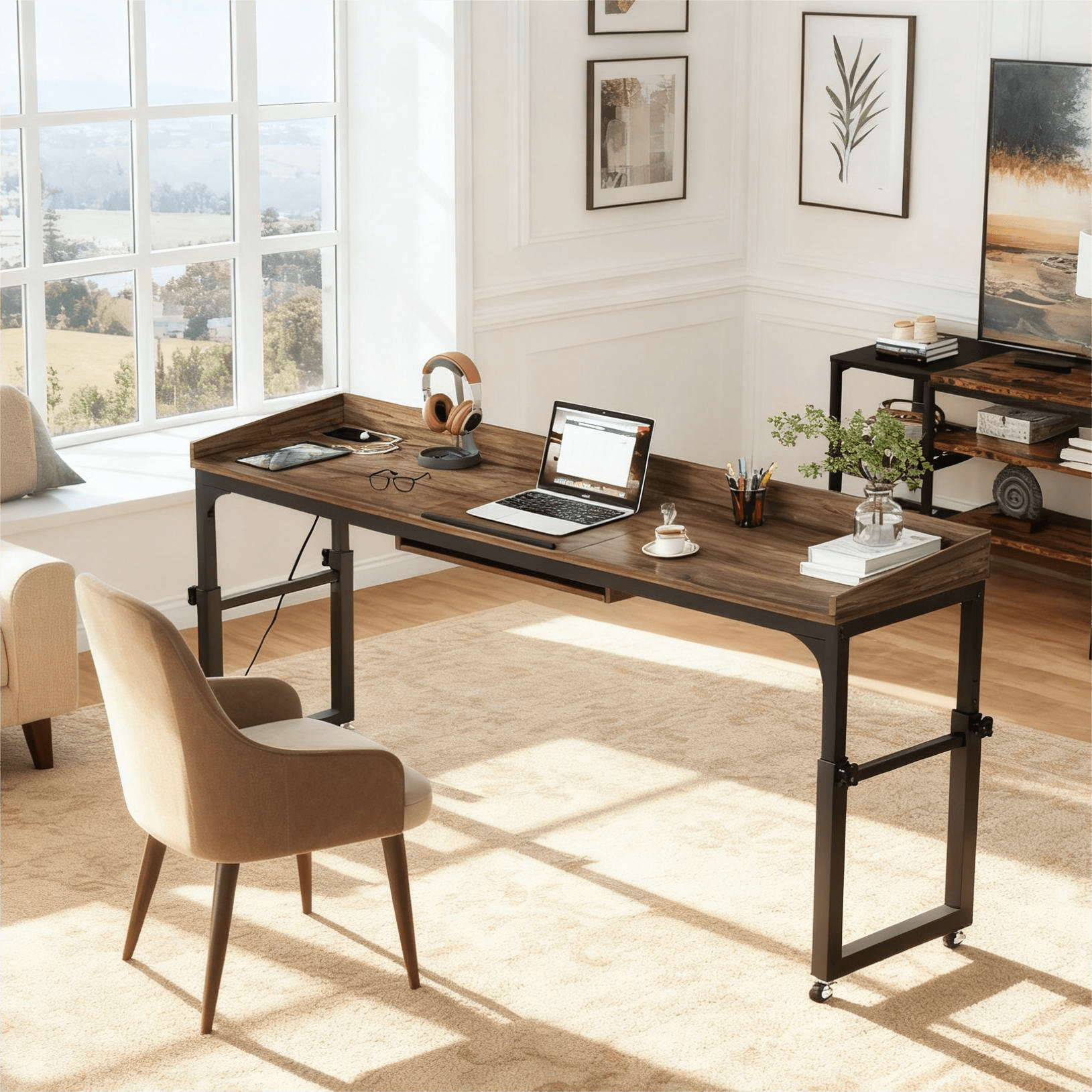 Fnova Overbed Table with Wheels, Height Adjustable Rolling Desk with Power Outlets & USB Ports, Tiltable Stand, for Queen Bed, Laptop Computer, Portable Hospital Home Use
