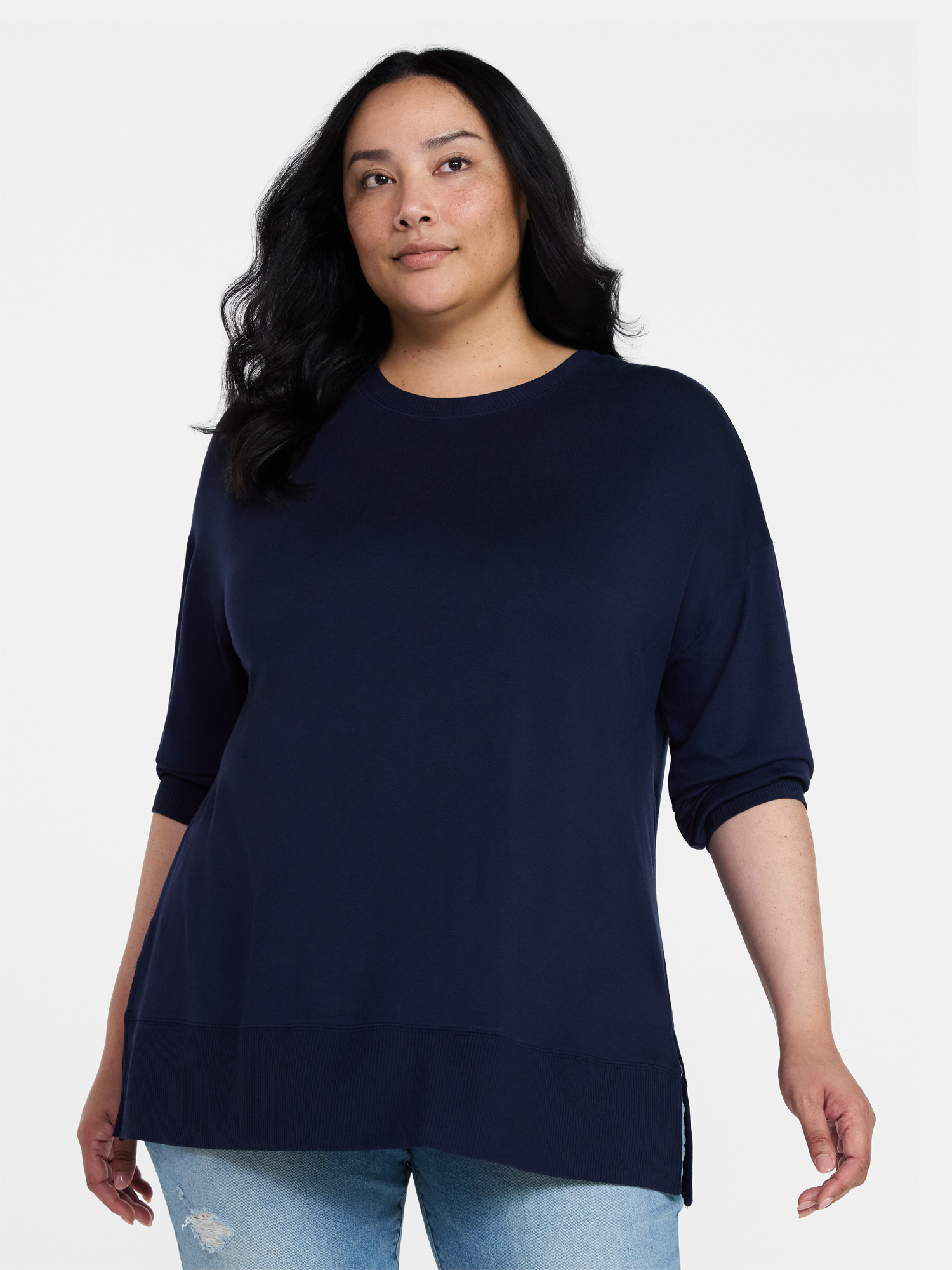Time and Tru Women's French Terry Tunic Top with Long Sleeves, Sizes XS-XXXL