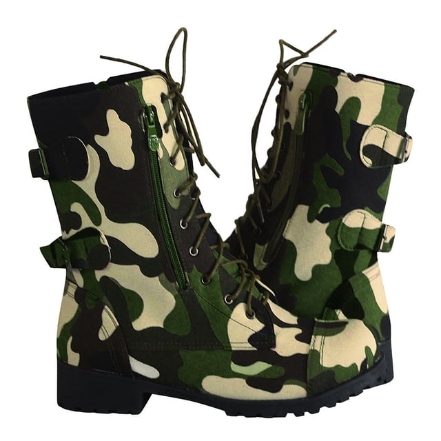 Dakaela Women's Combat Boots Lace up Chunky Heel Platform Ankle Booties Green Motorcycle Riding Shoes