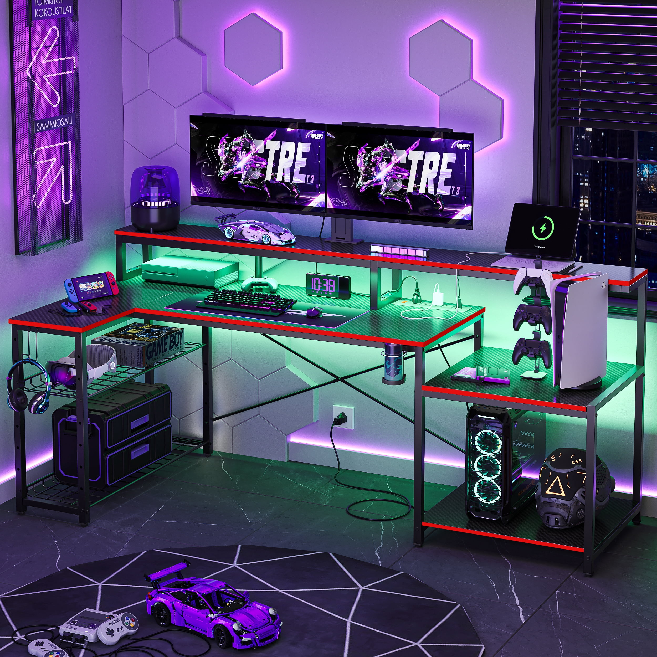 Bestier 71 inch L-Shaped Gaming Desk with Power Outlets LED Computer Office Table with Monitor Stand & Storage Shelf in Black Carbon Fiber