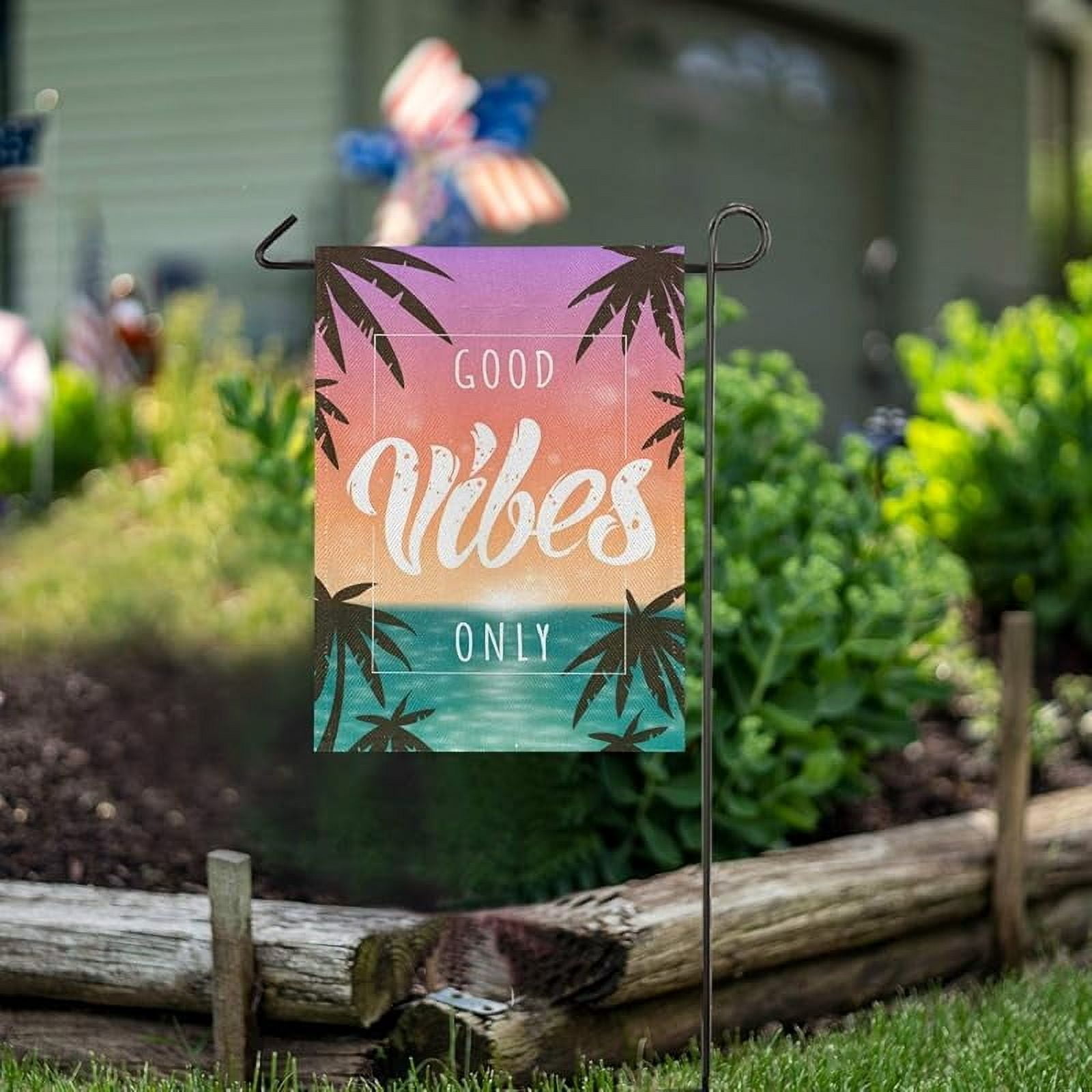 Good Vibes Only Palm Tree Garden Flag Home Outdoor Decor Small Yard Banner with Imitation Burlap Effect and Double Side Printing