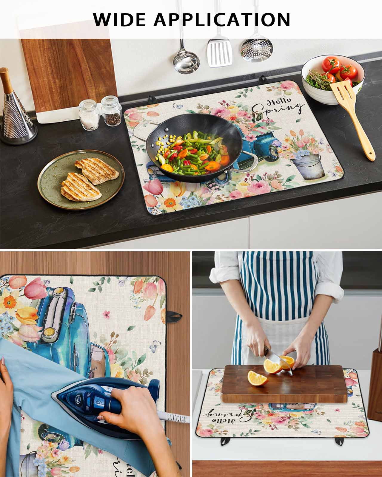 Large Induction Cooktop Protector Mat Spring Flowers Stove Top Covers for Electric Stove, Country Truck Pink Floral Retro Botanical Decorative Stove Burner Cover Mats, Glass Top Stove Cover