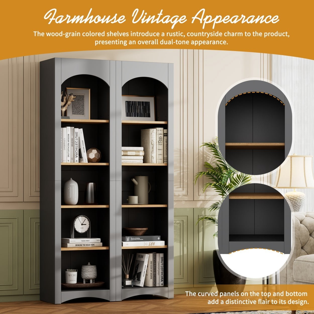 5 Tier Bookshelves Set of 2, Farmhouse Storage Cabinet with Adjustable Shelves, Two-Tone Bookcase for Living Room Home Office Kitchen Pantry, Grey