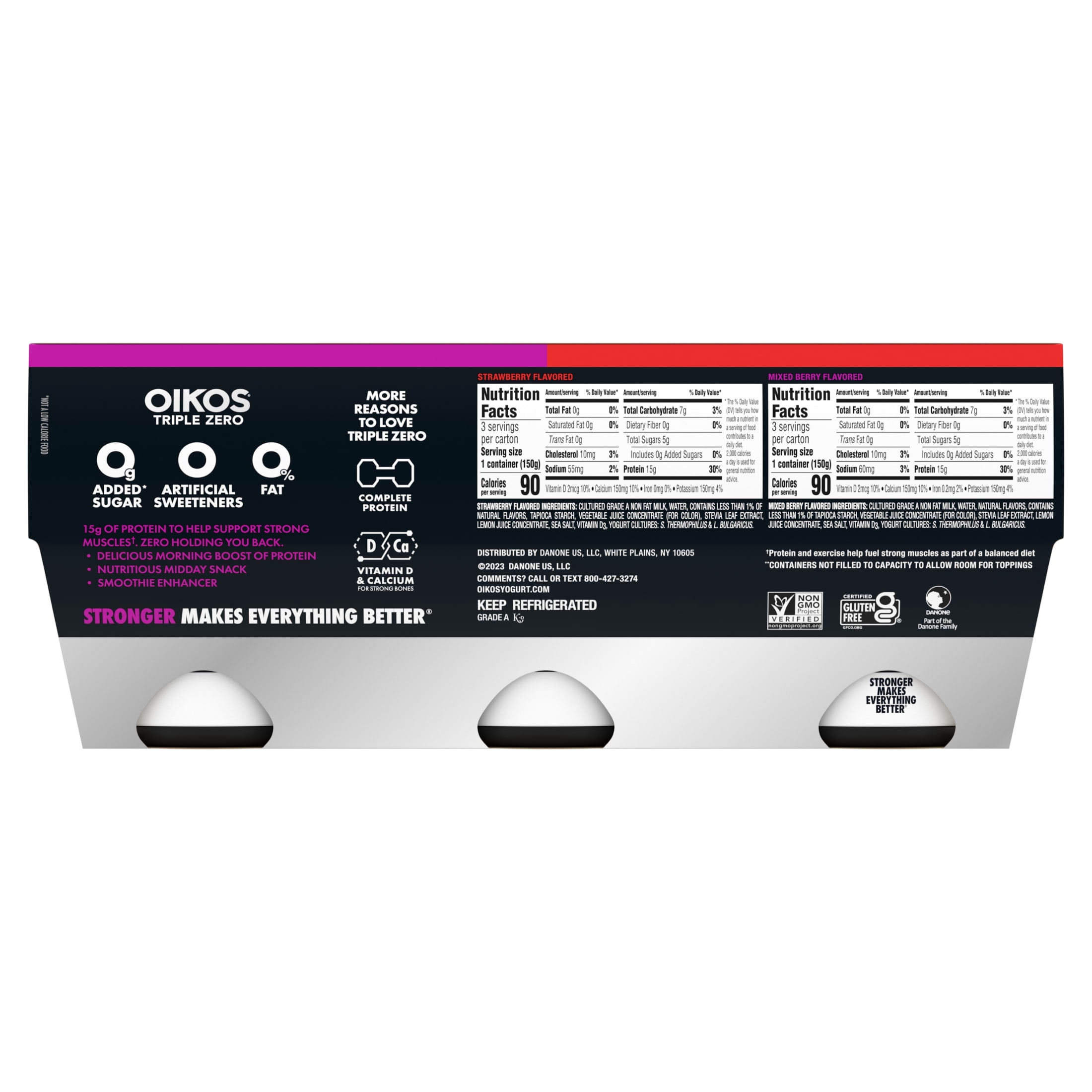 Oikos Triple Zero Strawberry and Mixed Berry 0g Added Sugar Fat Free Greek Yogurt, 5.3 oz, 6 Count