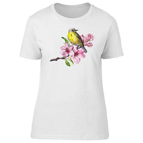 Cute Bird Pink Cherry Blossom T-Shirt Women -Image by Shutterstock, Female Medium