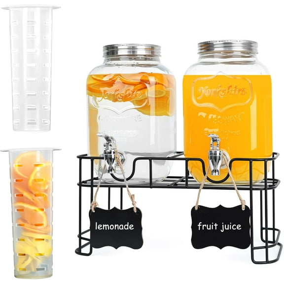 YANGLI 1-Gallon Glass Drink Dispenser 2-Pack - Leakproof with Stand, Spigot, Ice Cylinder & Chalkboard