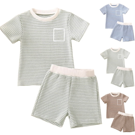 TTUHYWXI Boy Boy Girls Toddler Summer Outfit Striped T-shirt Toddler Boy Summer Clothes 6 12 18 Months 2 3 4 5 T Short Set (Khaki, 12-18 Months)