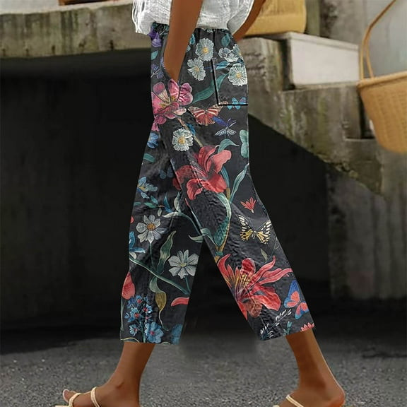 CLOISE Women's Capris with Pockets Stretch Wide Leg Pants Elastic High Waisted Palazzo Pants Petite Summer Casual Fashion Printed Loose Lightweight Cropped Flowy Trousers Multicolor XL