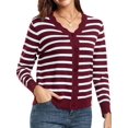 thumbnail image 2 of Women Cardigan Sweaters Long Sleeve Casual Light-Weight Button Down V-Neck Fall Sweater Dark Red Stripe M, 2 of 9