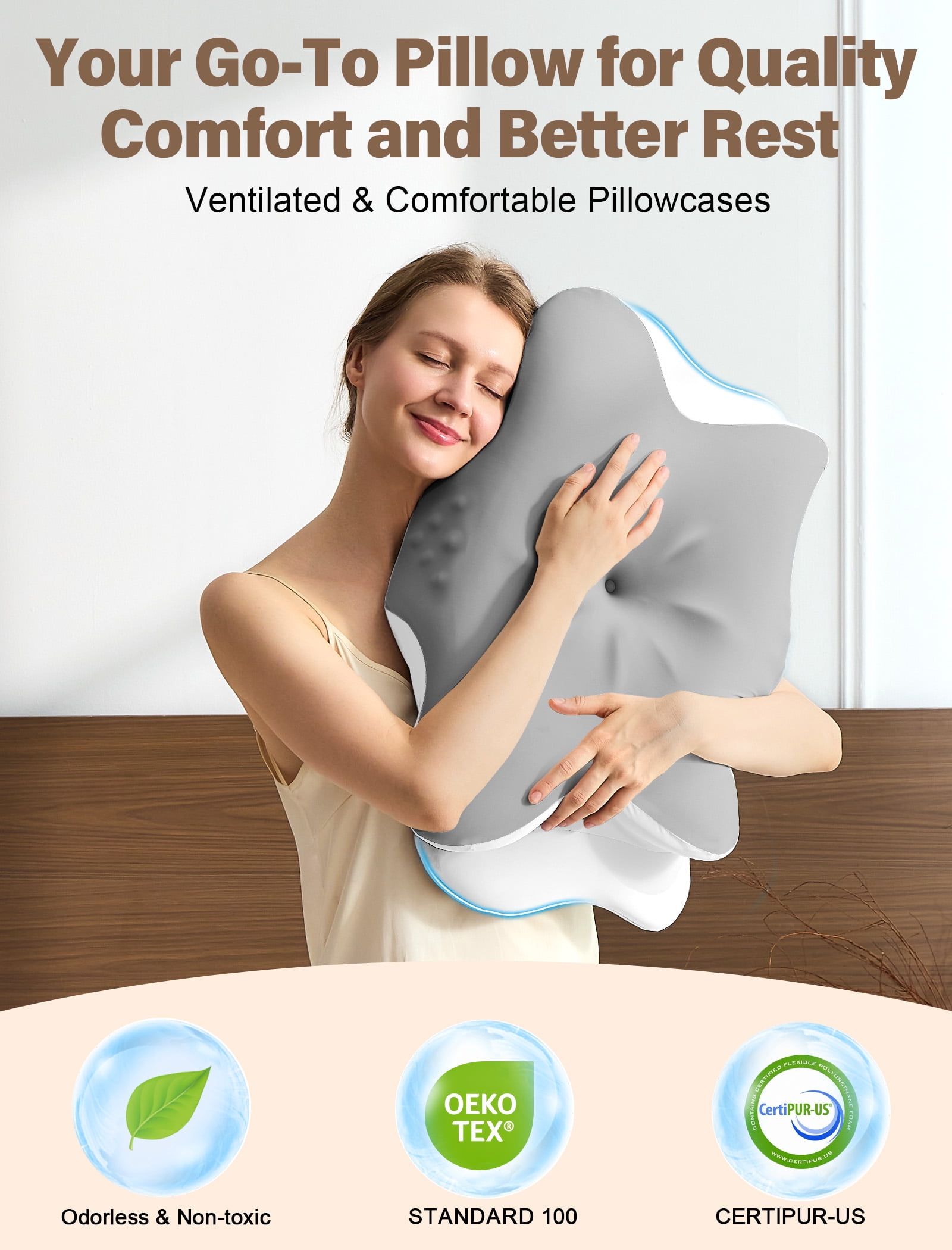 Cervical Neck Pillow for Pain Relief, Contour Memory Foam Pillow for Side & Back Sleepers, Cooling Washable Cover, Dual Height 4.2”/5”, Queen