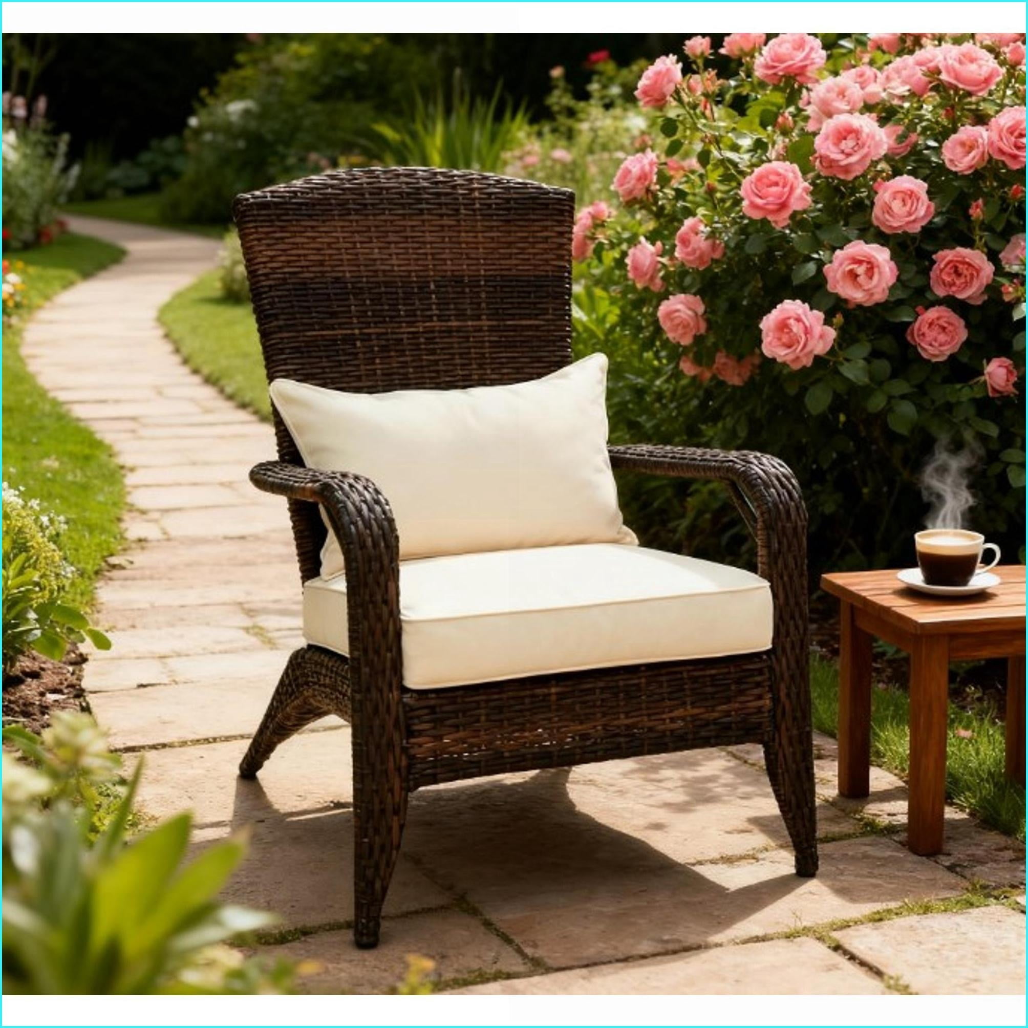 Outdoor Adirondack Chair with Tall Curved Backrest, Soft Cream Cushions | Walnut Brown Wicker | Rattan,Steel,Polyester