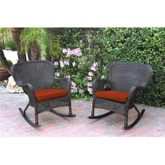 W00215-R-2-FS018 Windsor Espresso Resin Wicker Rocker Chair with Red Cushion - Set of 2