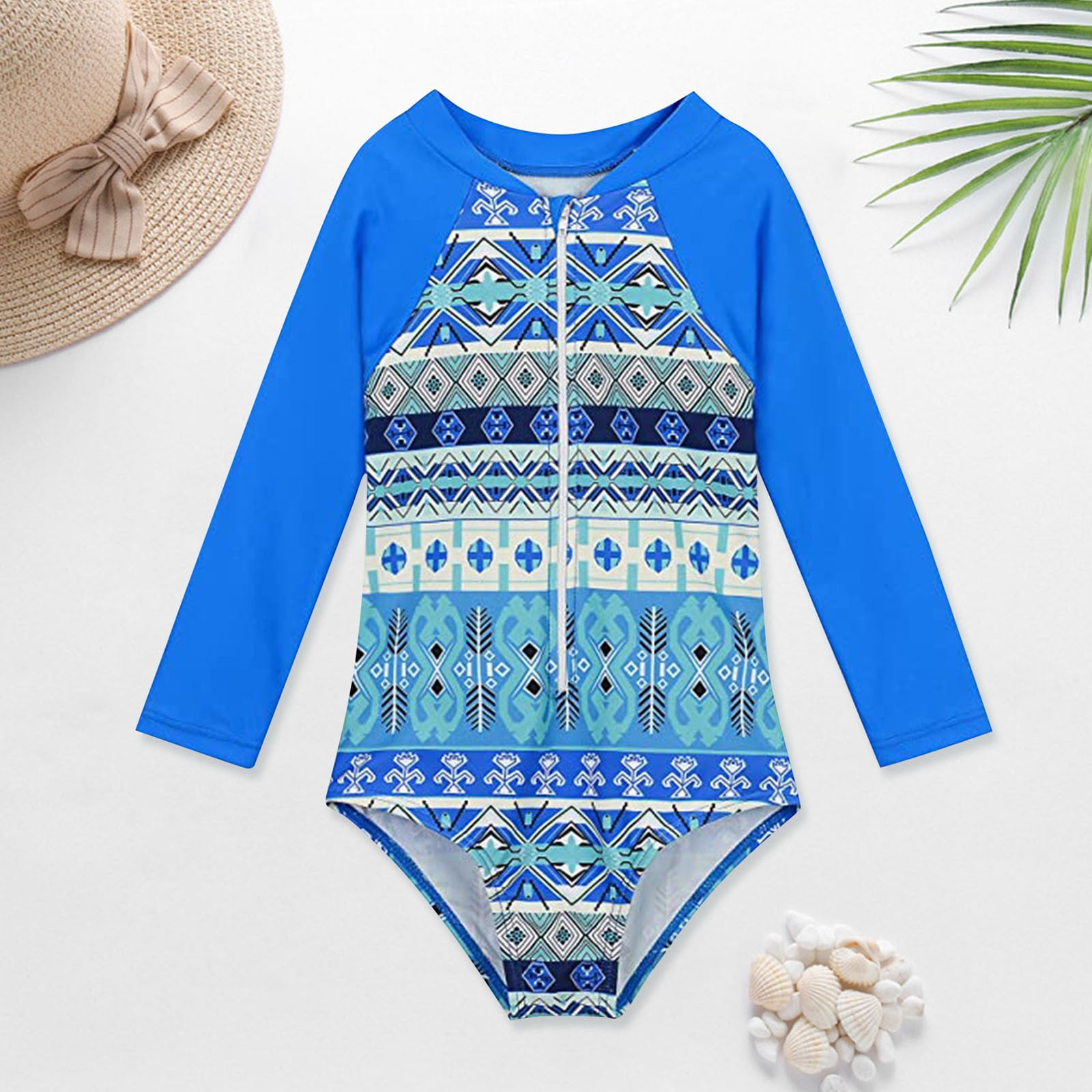 Combinaison De Bain Anti-UV Bébé Fille Manches Longues + Chapeau - UPF 50, Fermeture éclair, Motifs Sirènes/coquillages