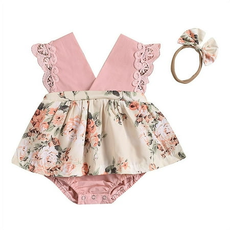 

Baby Girl s Floral Print V-Neck Ruffles Romper Summer Clothes with Headband