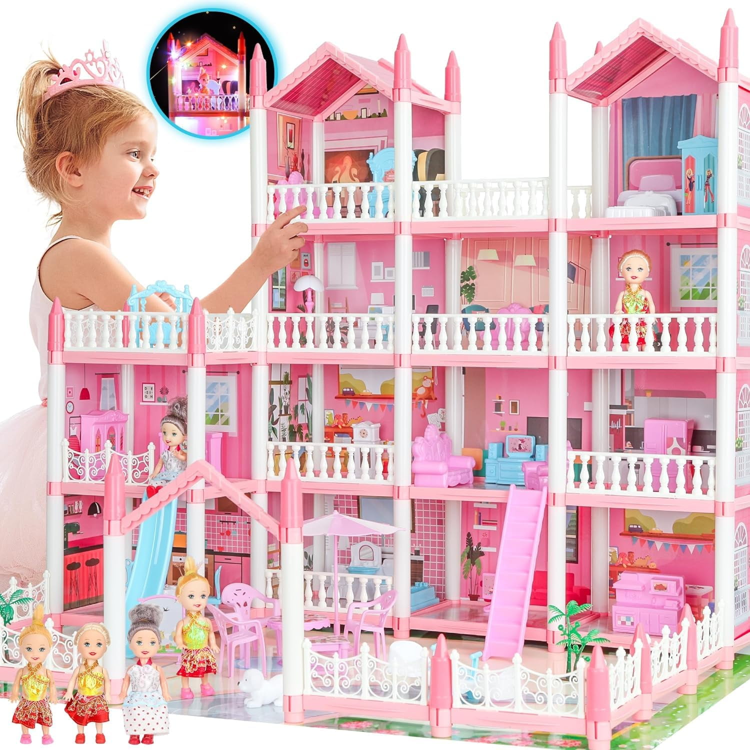 Big Doll House Girl Toys Dream Dollhouse 4 Story 15 Rooms Playhouse with 3 Dolls Lights Furniture and Accessories Pretend Play Toddler Doll Houses for Kids 3 4 5 6 7 8 Year Old Gift Walmart