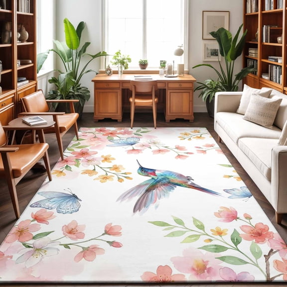 Area Rugs 4'x6'. Spring Hummingbird Carpet Runner Indoor Outdoor Rugs Home Decor Aesthetic, Cherry Floral Butterflies Botanical Non Slip Mats Washable Accent Rug for Living Room Bedroom
