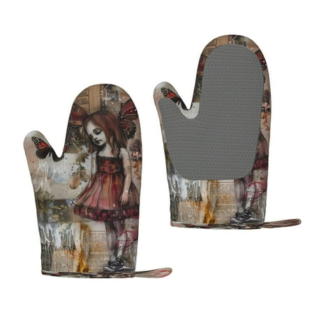 

Zufioo Vintage Collage Girl Butterfly Print Silicone Anti-Scalding Gloves Kitchen Hanging Rope Gloves Kitchen Utensils Suitable for Barbecue Baking Cooking