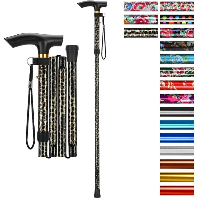 SupreGear 5-Level Adjustable Height Folding Cane with T Handle and Strap, Leopard