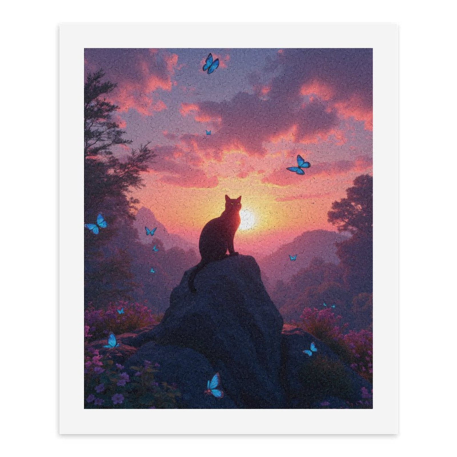 Paint By Numbers Kit for Adults Beginner - DIY Cat Sunset Rock Blue Butterflies Canvas Painting Kits for Adults, Frameless Paint By Number for Adults for Home Wall Decor 16x20 Inch
