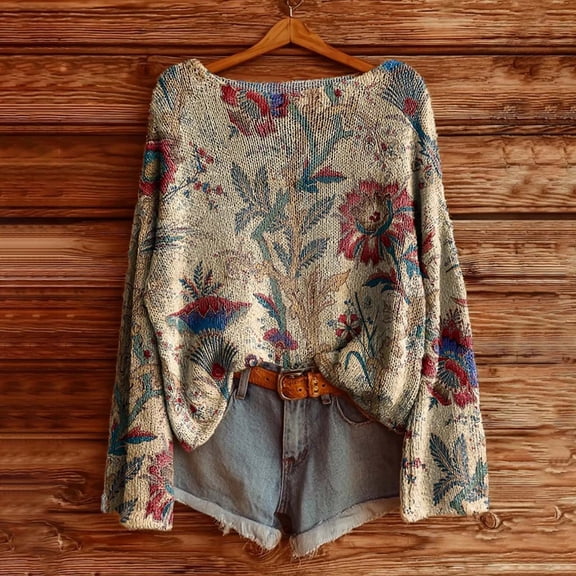 Tshirts for Women Vintage Floral Print Round Neck Long Sleeve T-Shirt Daily Comfortable Womens Tees Khaki L