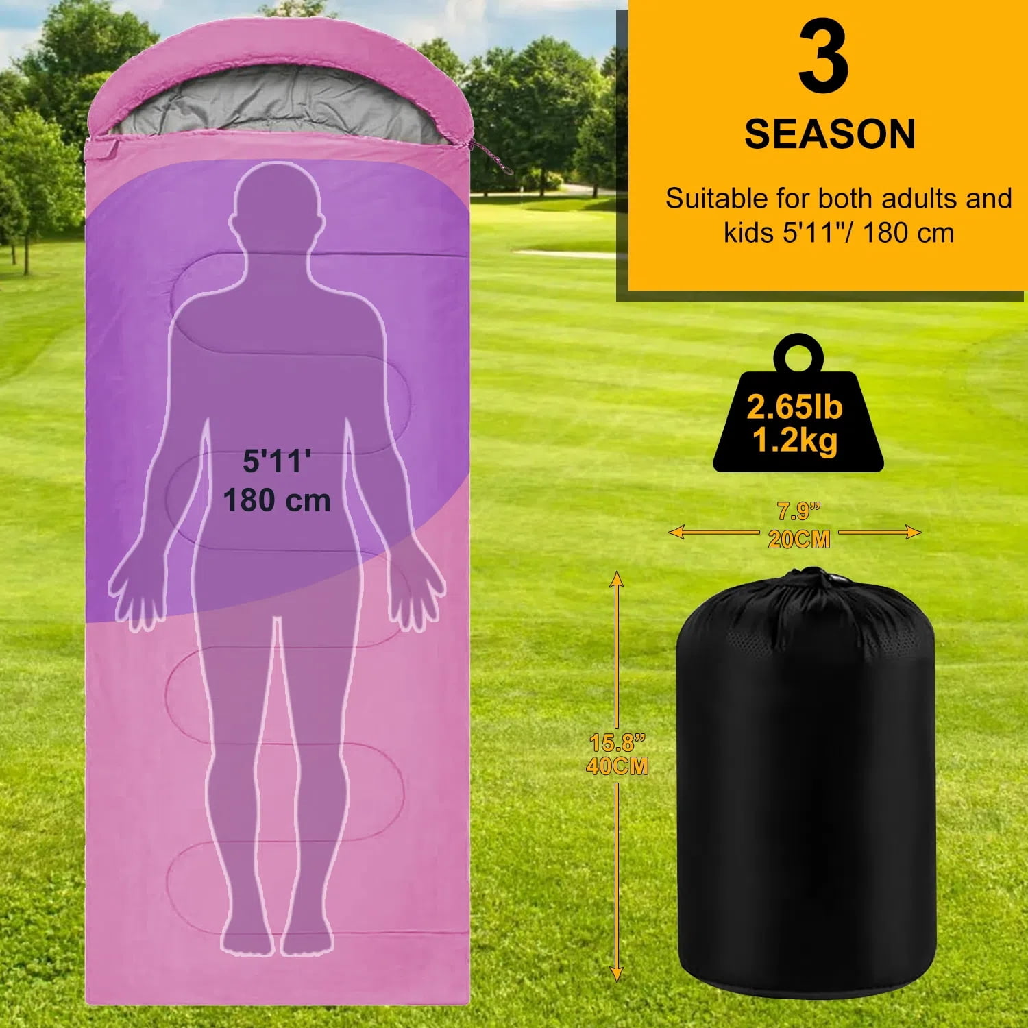 Teblint Camping Sleeping Bag for Adults Kids, Cold Weather Warm Sleeping Bag with Compression Bag for 3 Seasons, Compact Camping Essentials Gear Accessories Hiking Sleep Must Haves-Pink