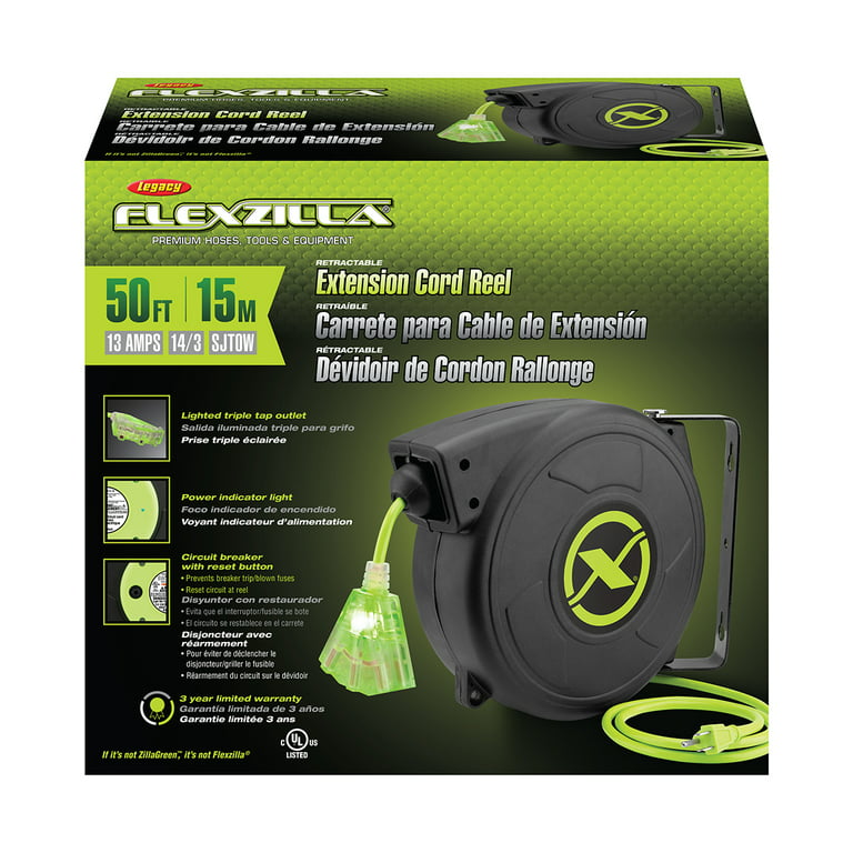 Flexzilla FZ8140503 50 ft. 14-3 AWG SJTOW Grounded Triple Tap Outlet Indoor  & Dry Locations Extension Cord Reel